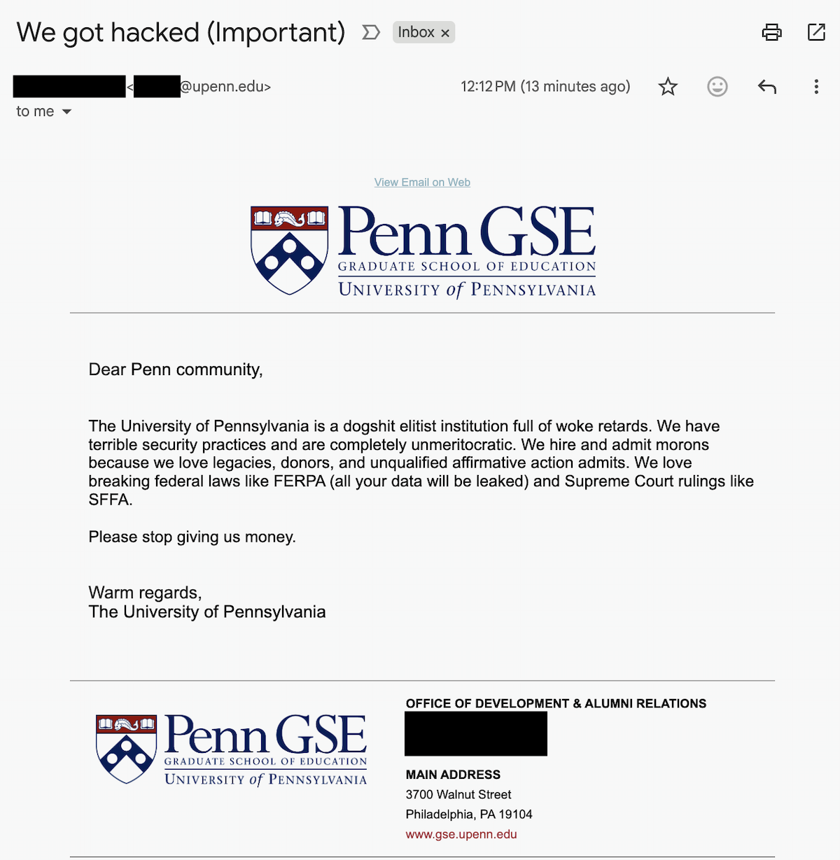 Hackers threaten to leak data after breaching University of Pennsylvania to send mass emails